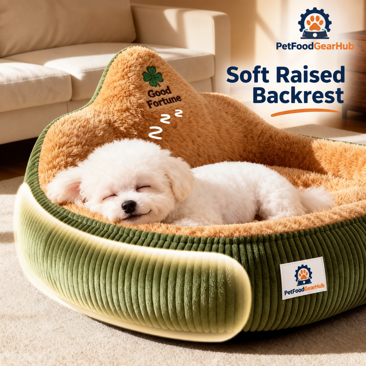 PetFoodGearHub Raised plush backrest and corduroy-style pet bed exterior
