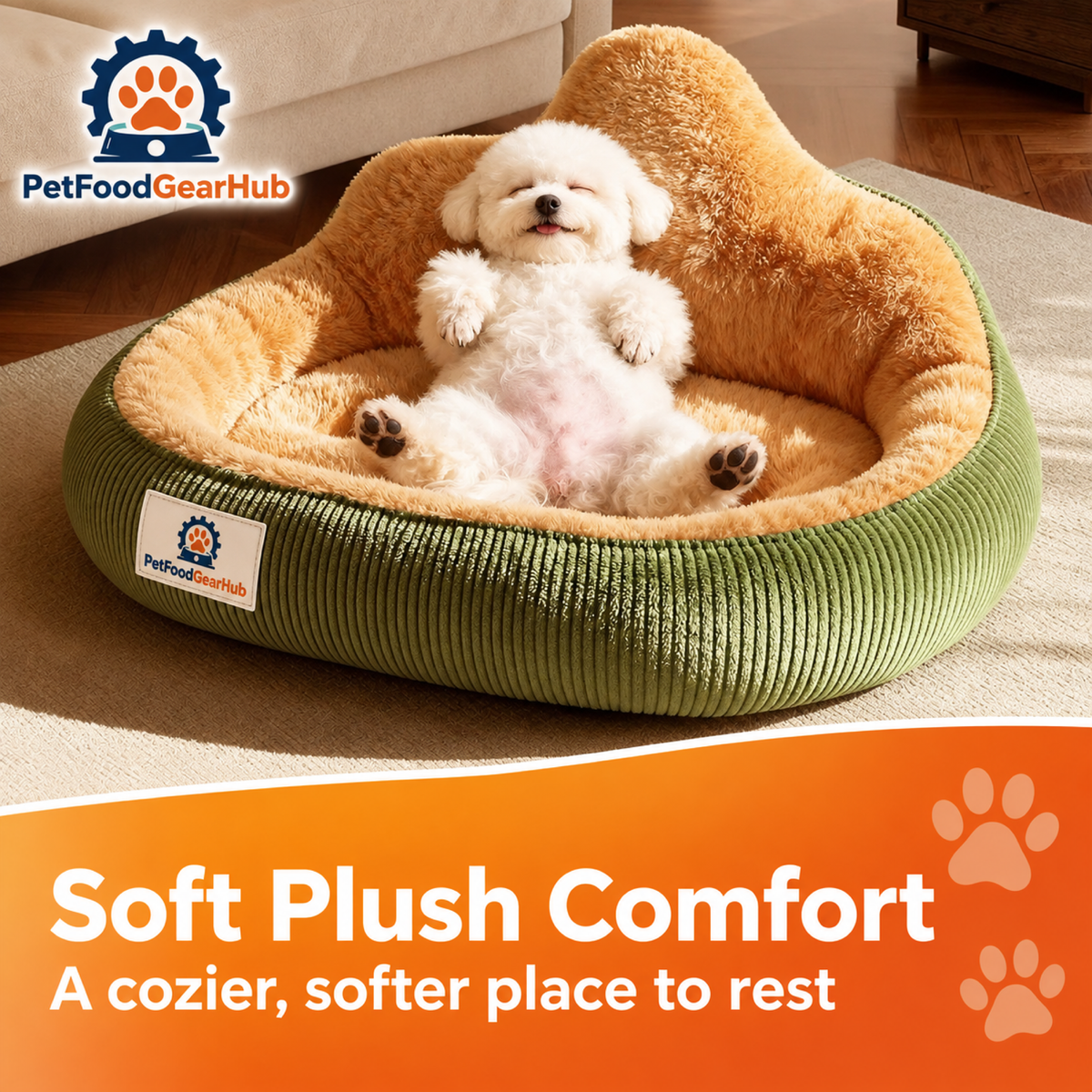 PetFoodGearHub Dog resting in a plush bolster pet bed
