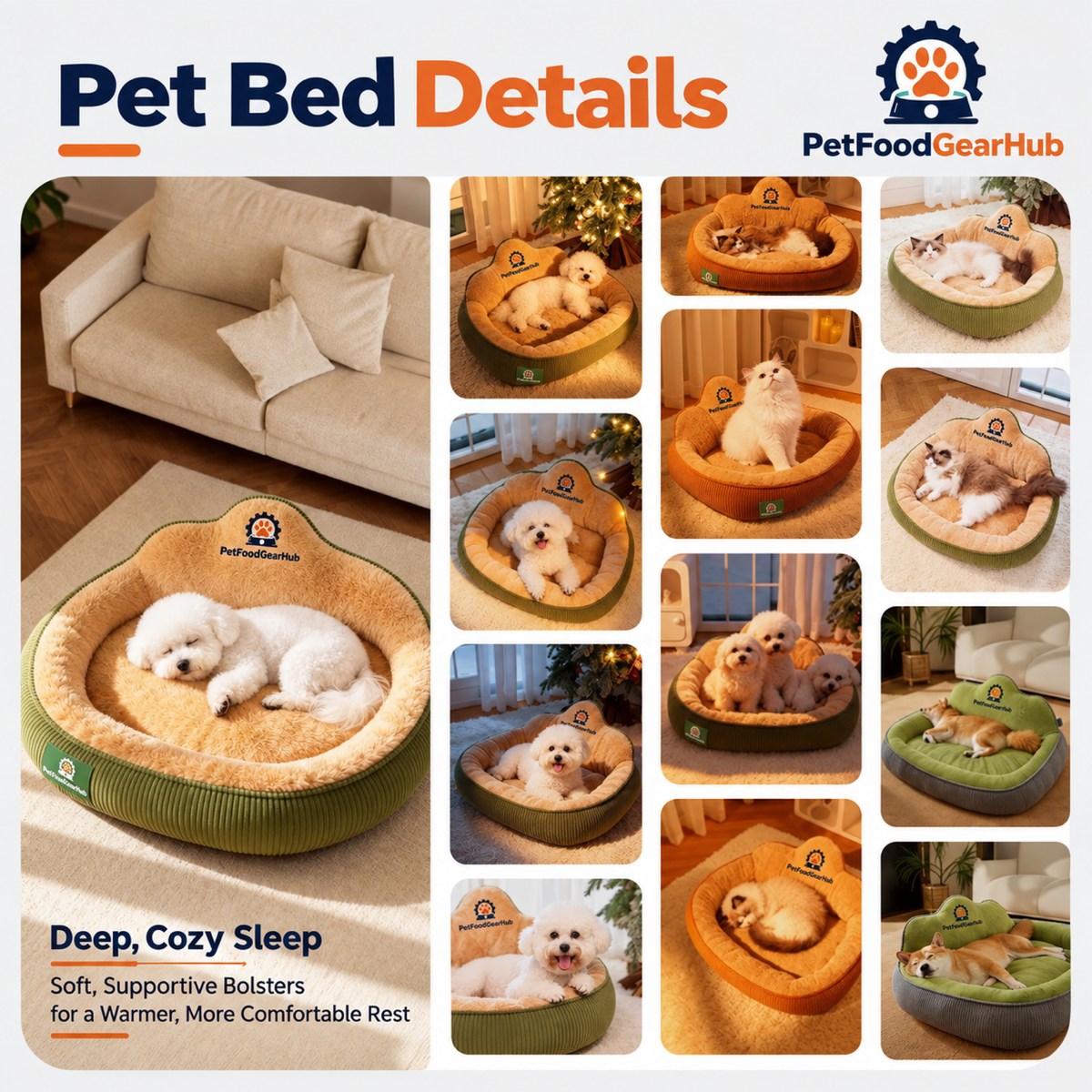PetFoodGearHub Plush pet bed shown with cats and dogs