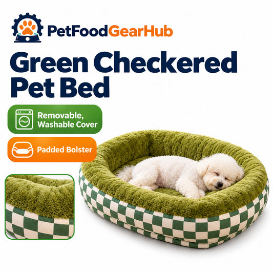 PetFoodGearHub Green checkered pet bed with a removable cover