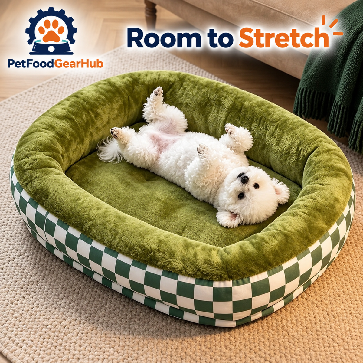 PetFoodGearHub Dog resting in a green checkered bolster bed