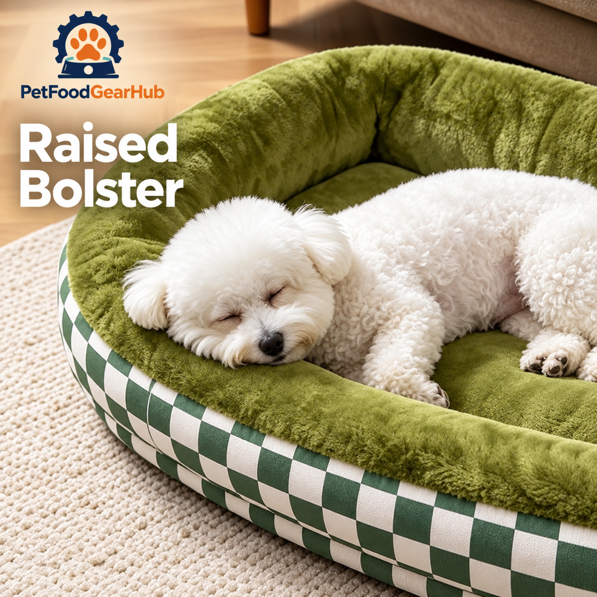 PetFoodGearHub Raised bolster on a green checkered pet bed