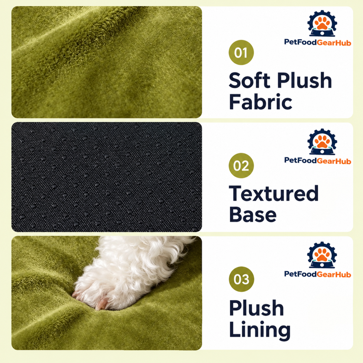PetFoodGearHub Plush fabric, textured base and lining of a pet bed