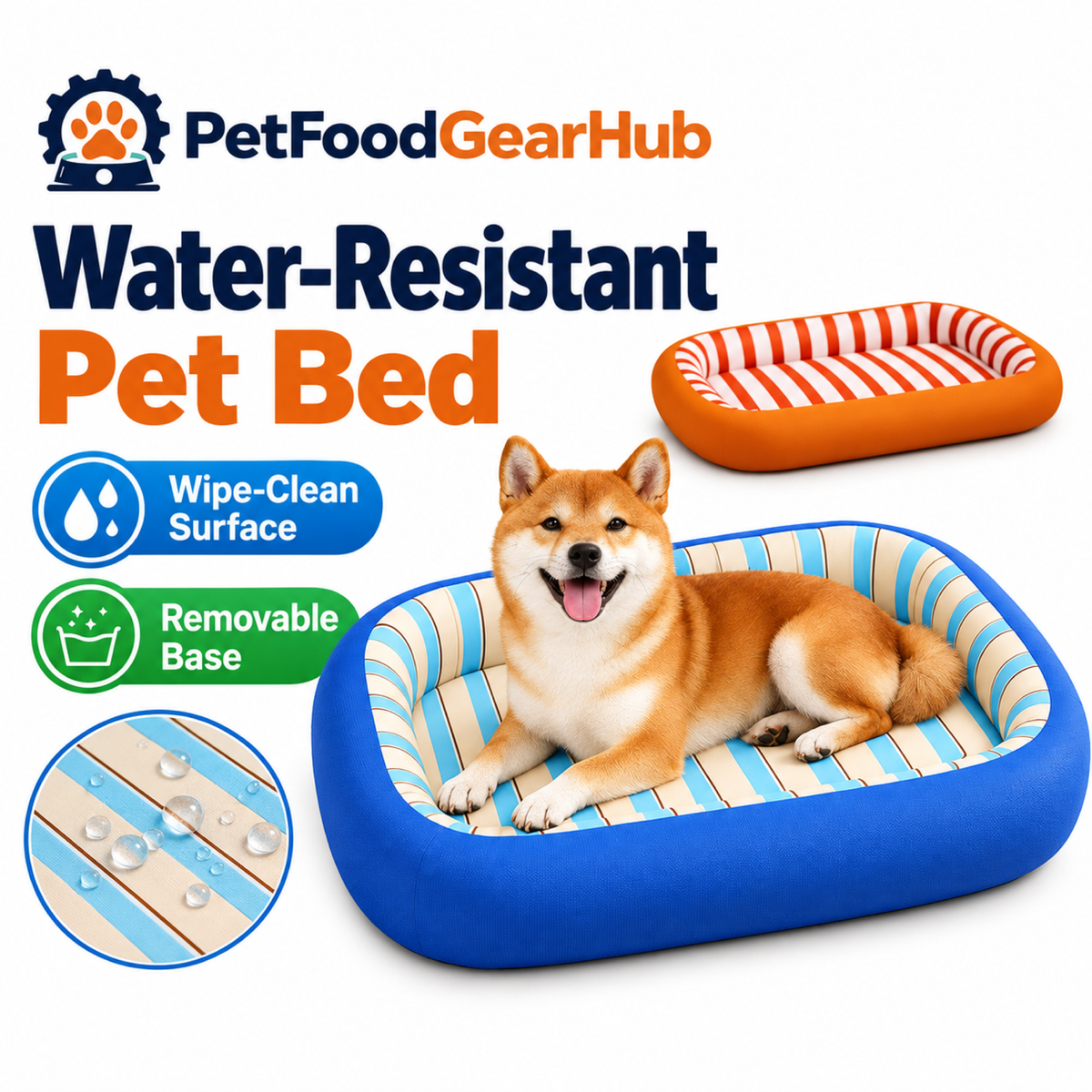 PetFoodGearHub Blue water-resistant pet bed with striped lining