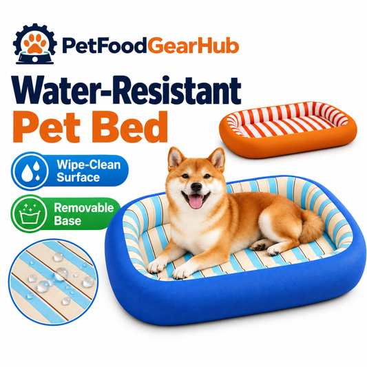 PetFoodGearHub Blue water-resistant pet bed with striped lining