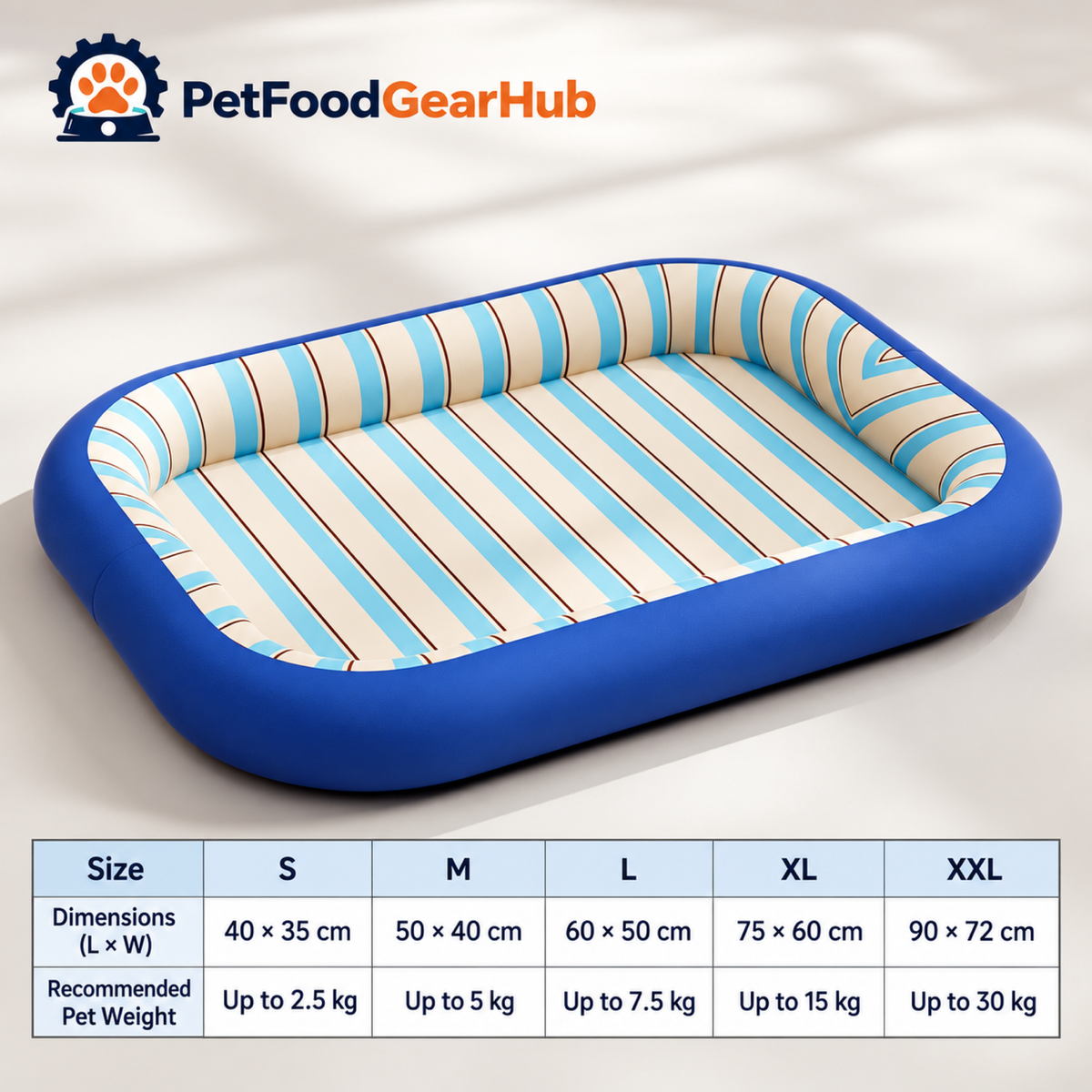 PetFoodGearHub Water-resistant pet bed size chart from S to XXL