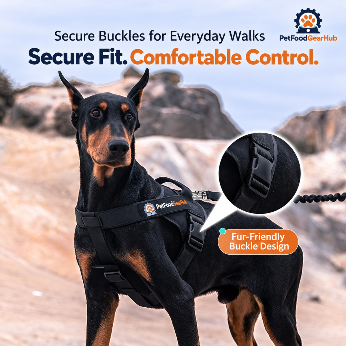 PetFoodGearHub Doberman wearing a padded K9 harness with a close-up of the buckle