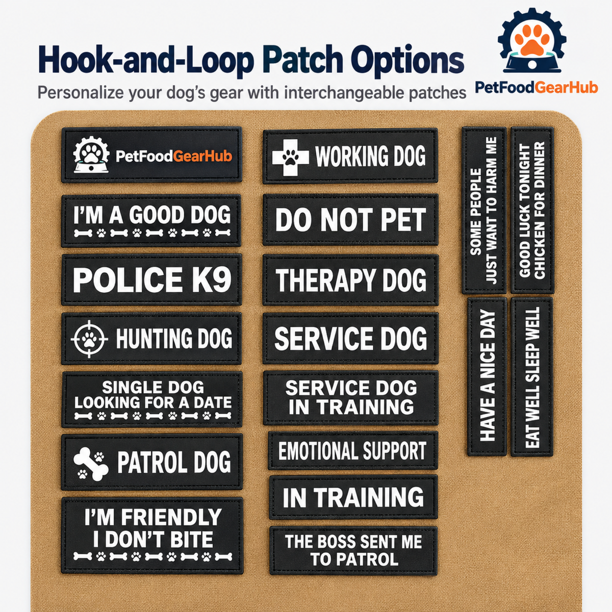 PetFoodGearHub Hook-and-loop patch options for dog gear