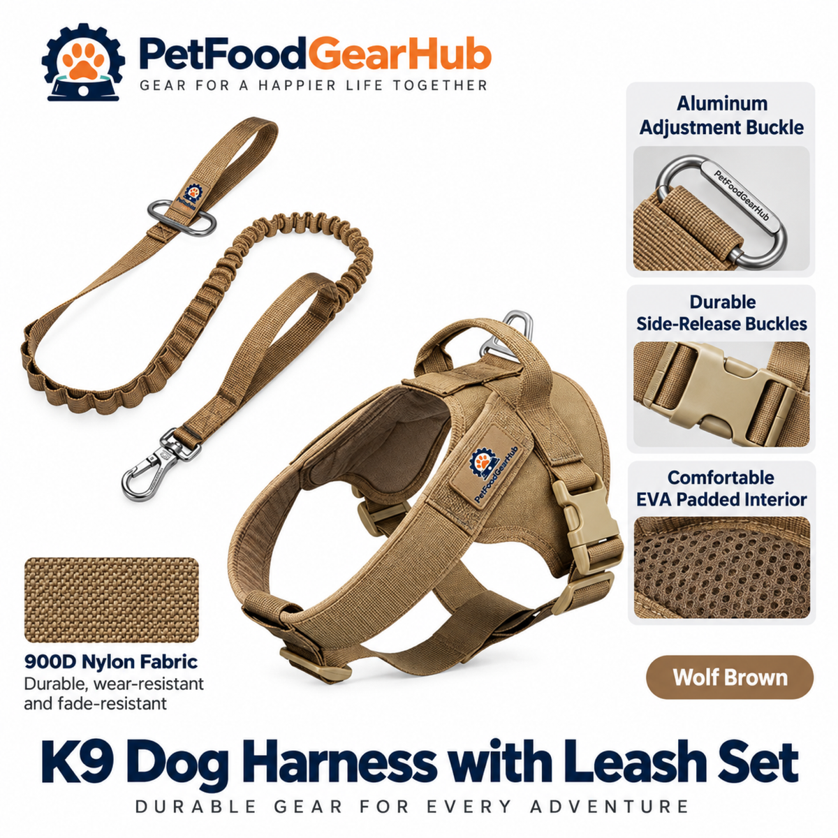PetFoodGearHub Upgraded K9 Dog Harness & Leash Set in Brown