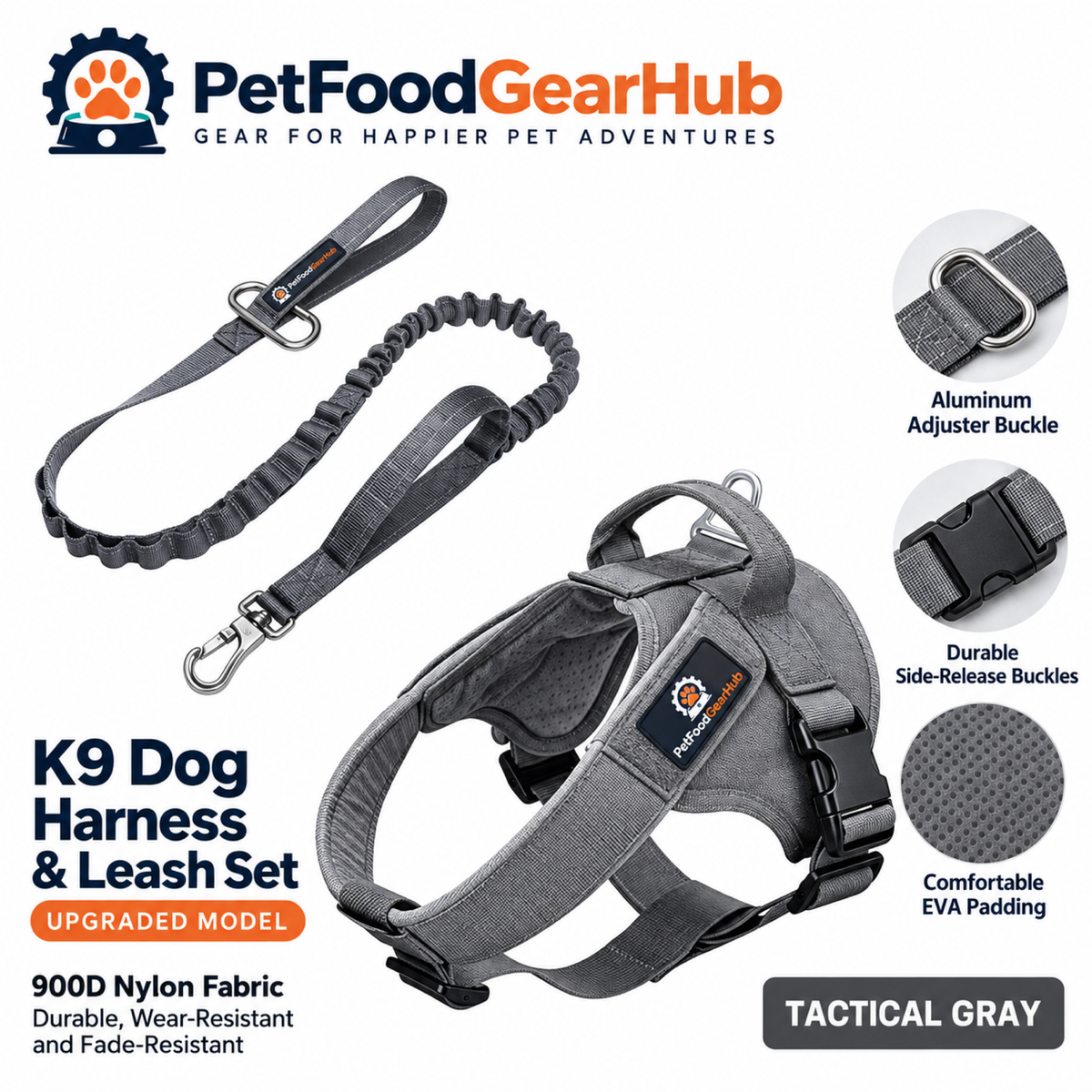 PetFoodGearHub Upgraded K9 Dog Harness & Leash Set in Gray