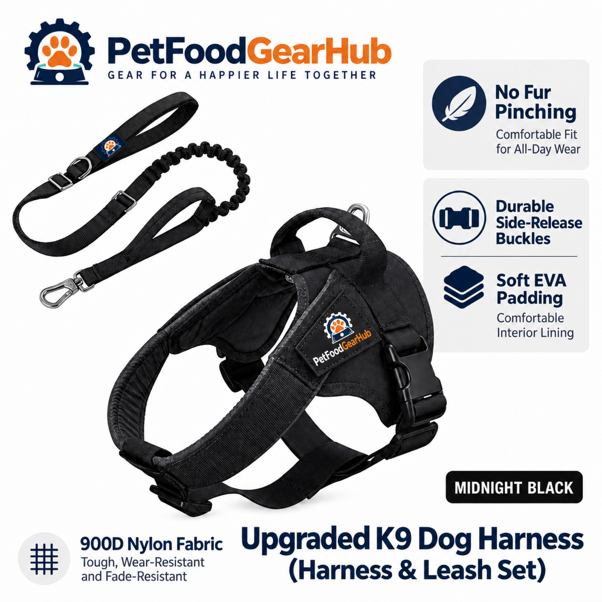 PetFoodGearHub Upgraded K9 Dog Harness & Leash Set in Black