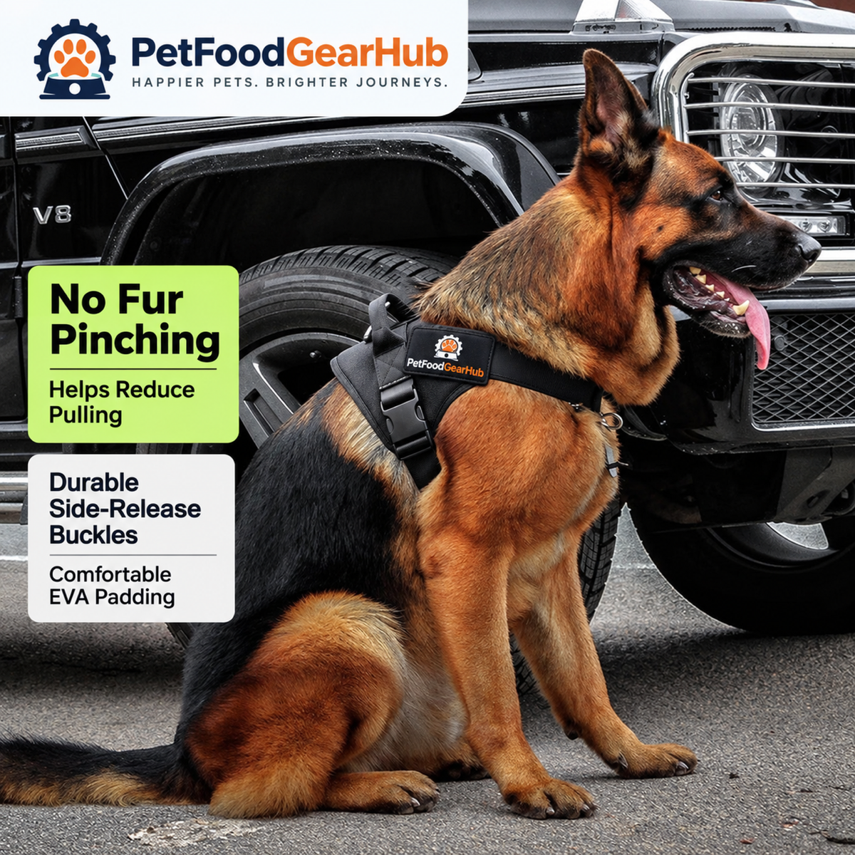 PetFoodGearHub German Shepherd wearing a harness beside a vehicle