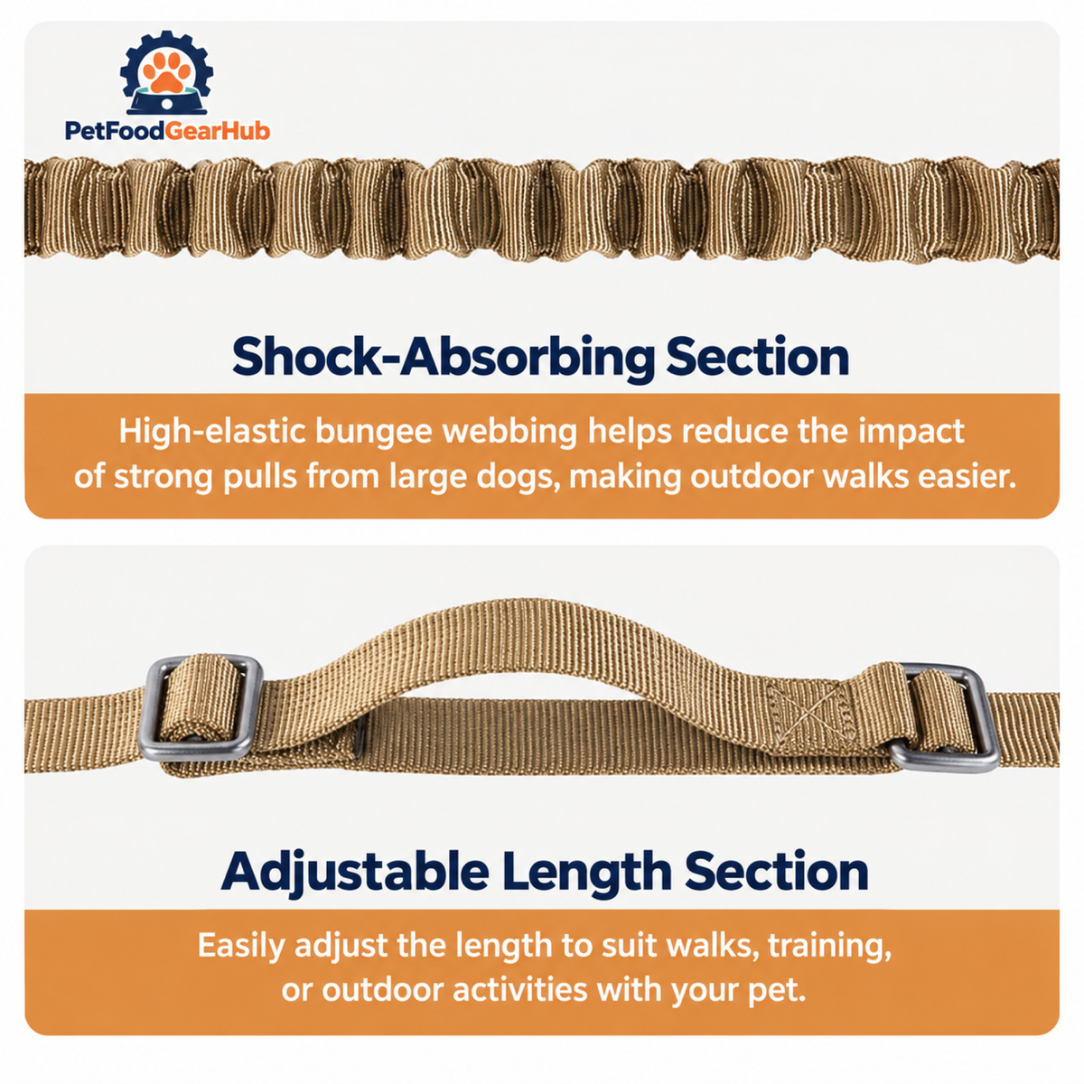 PetFoodGearHub Bungee leash cushioning and length adjustment
