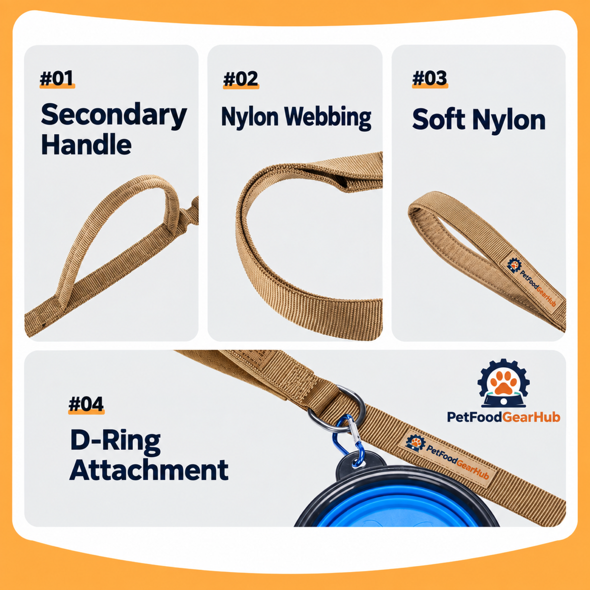 PetFoodGearHub Leash handle, nylon webbing and D-ring details