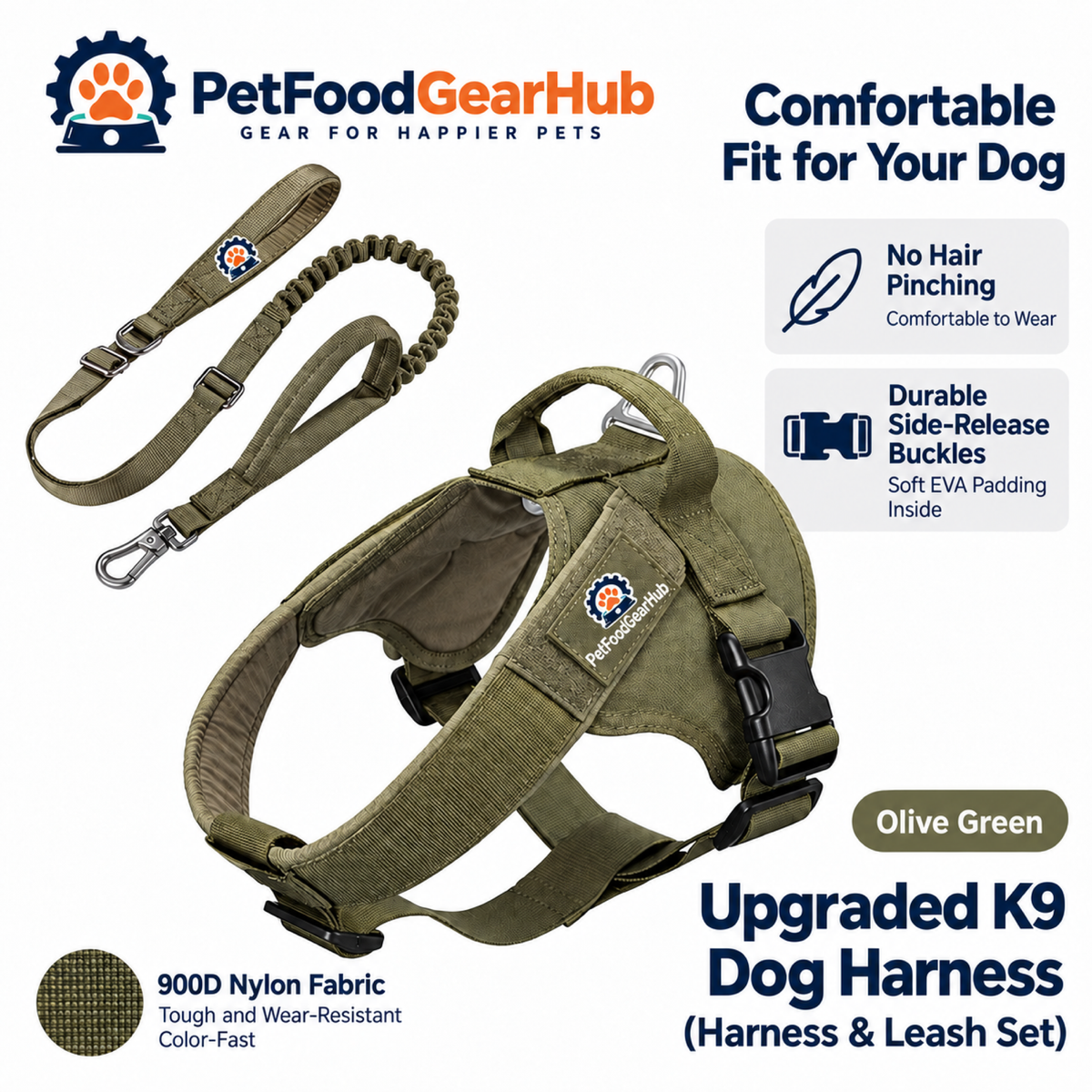 PetFoodGearHub Upgraded K9 Dog Harness & Leash Set in Olive Green