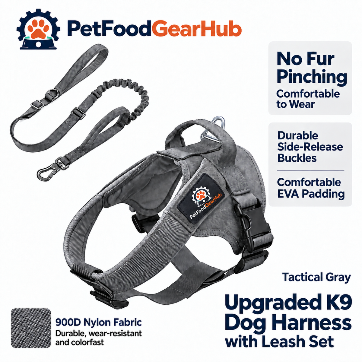 PetFoodGearHub Upgraded K9 Dog Harness & Leash Set in Gray