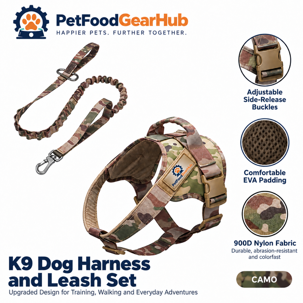 PetFoodGearHub Upgraded K9 Dog Harness & Leash Set in Camouflage