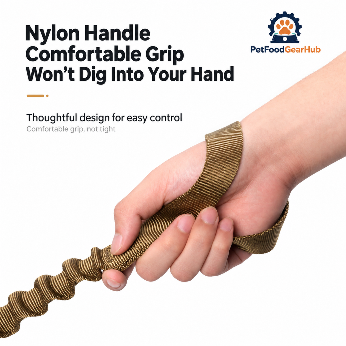 PetFoodGearHub Hand holding a nylon leash loop
