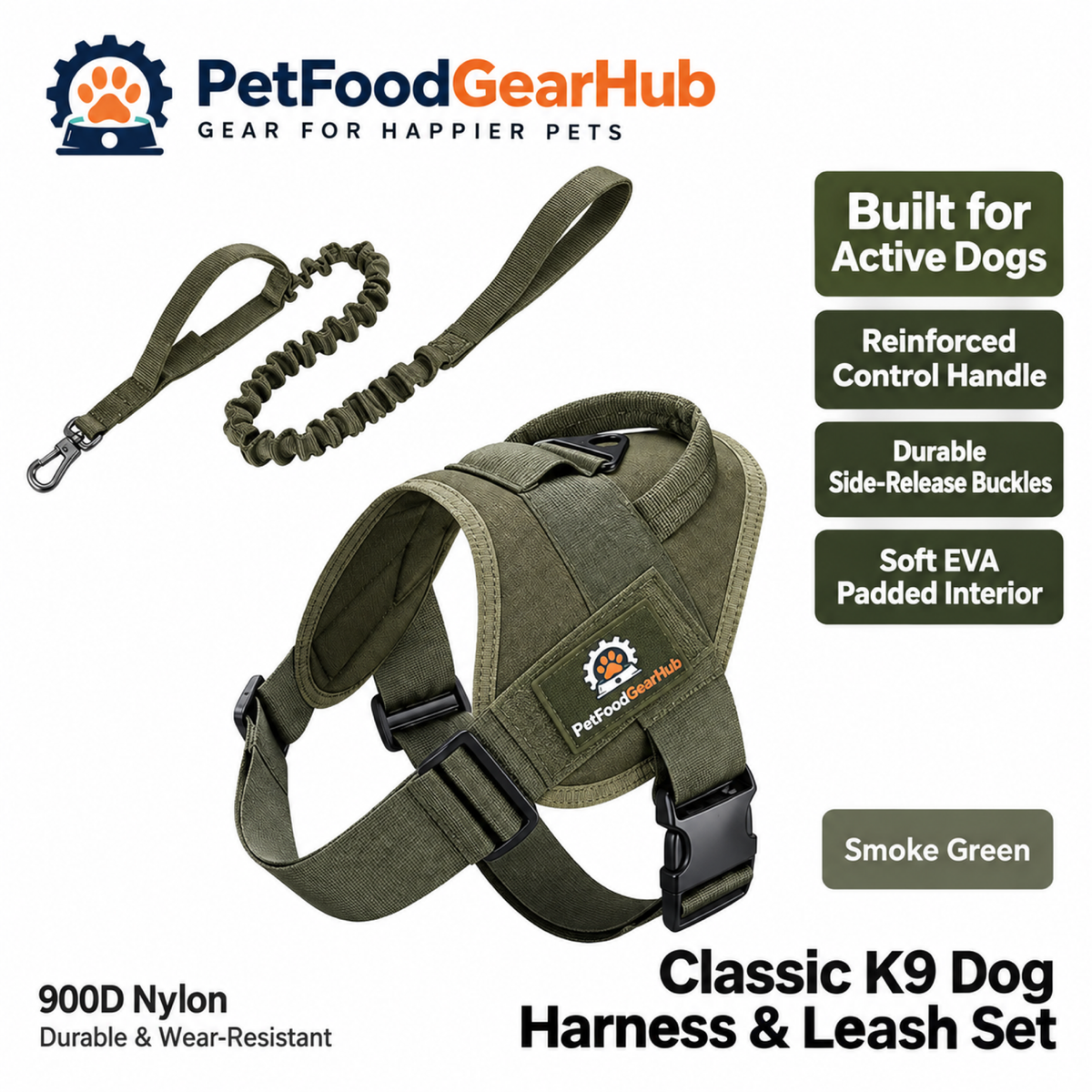 PetFoodGearHub Classic K9 Dog Harness & Leash Set in Olive Green