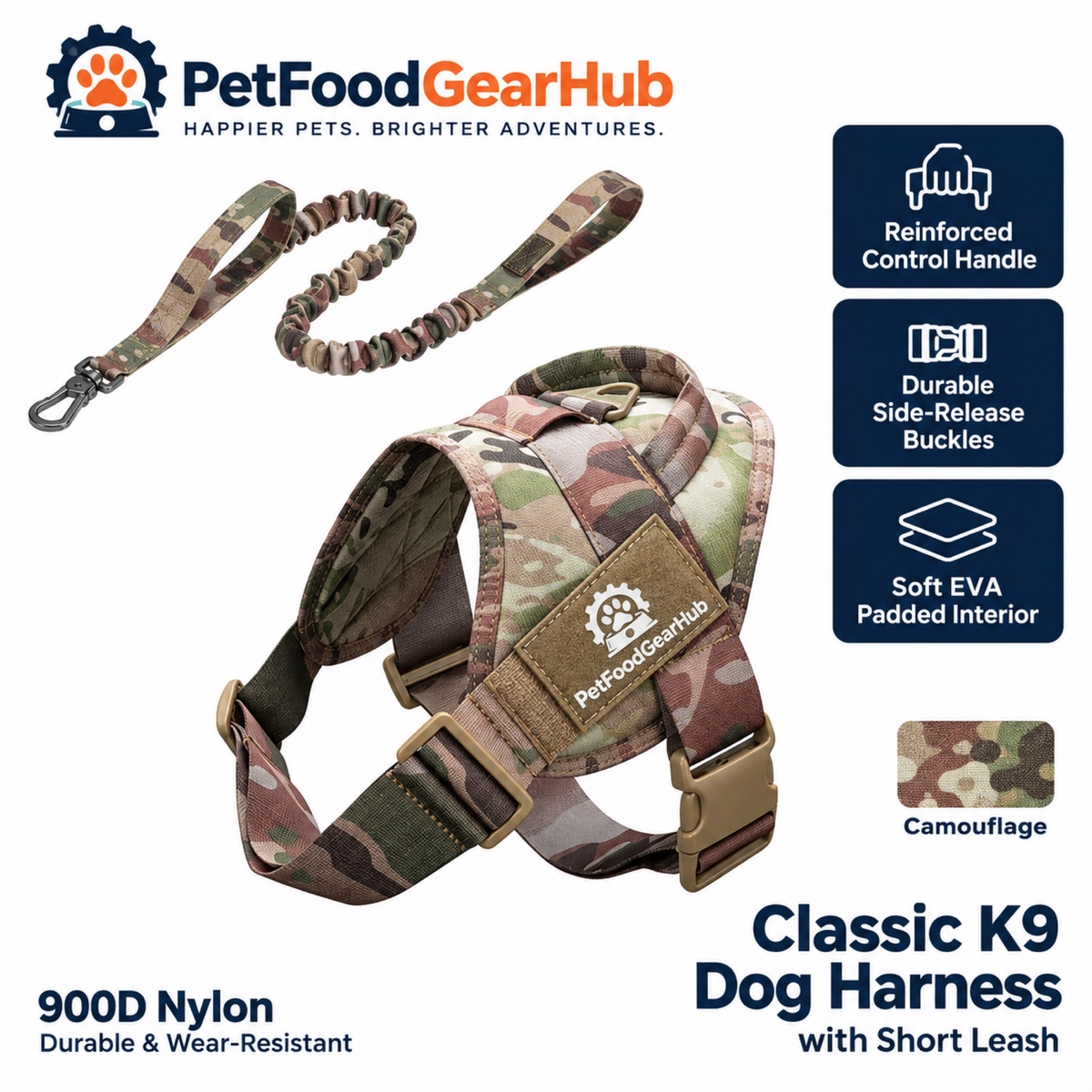 PetFoodGearHub Classic K9 Dog Harness & Leash Set in Camouflage