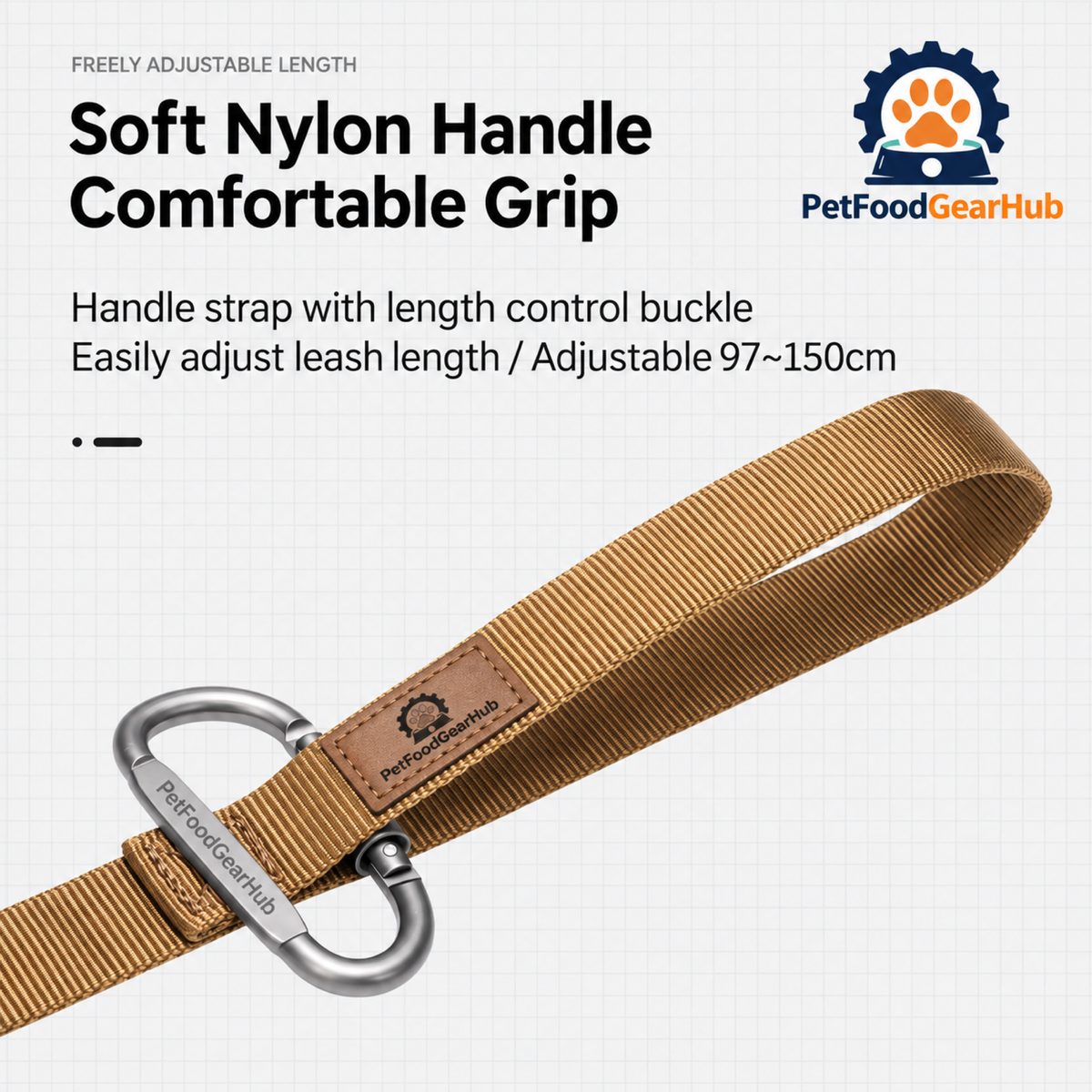 PetFoodGearHub Padded leash handle and length diagram