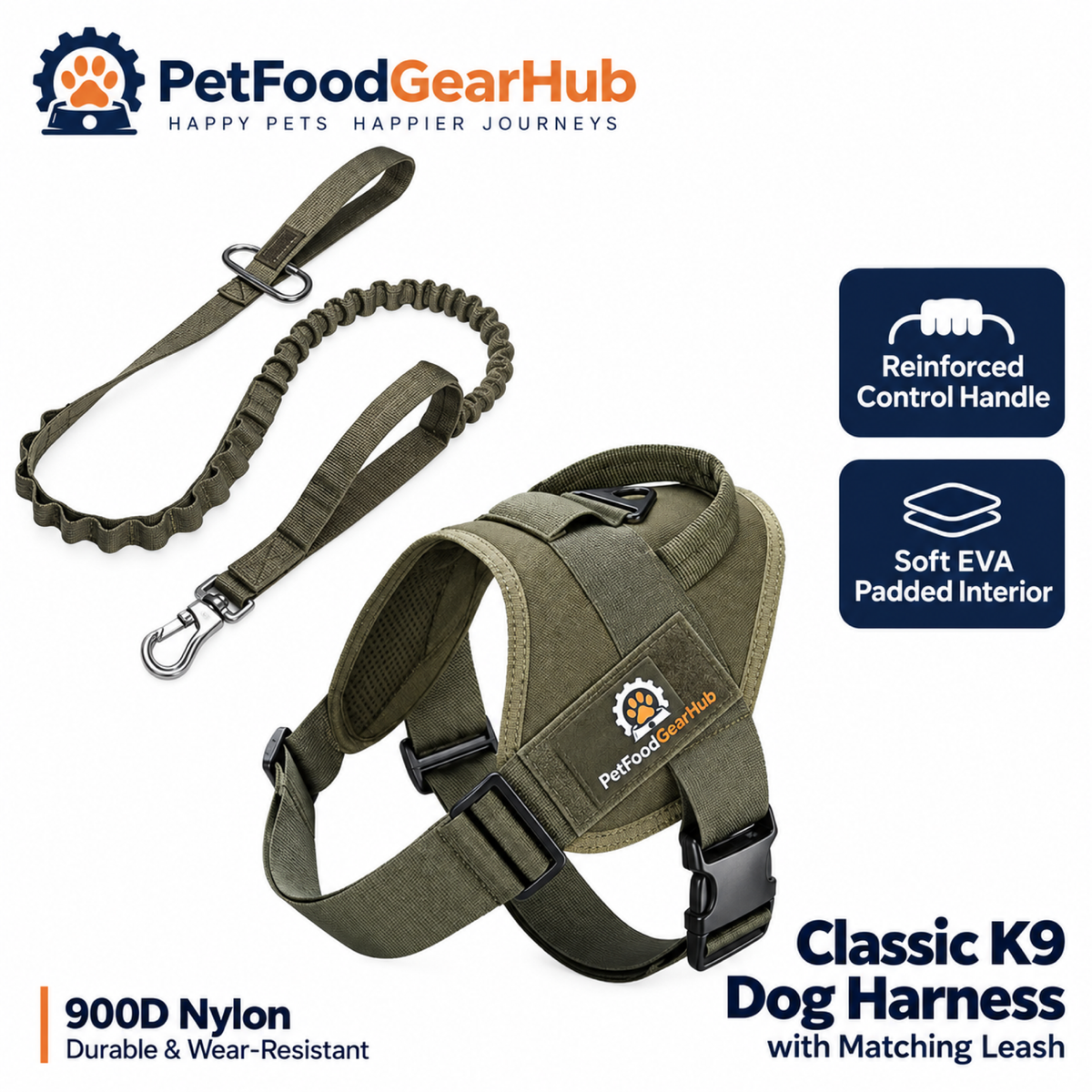 PetFoodGearHub Classic K9 Dog Harness & Leash Set in Olive Green