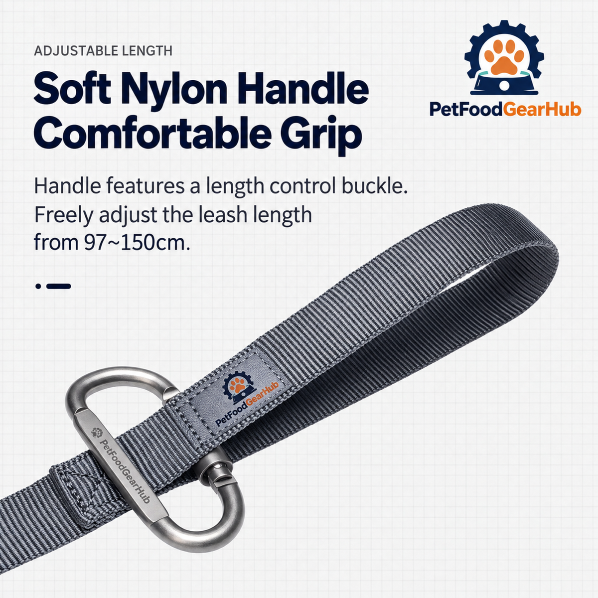 PetFoodGearHub Padded leash handle and length diagram