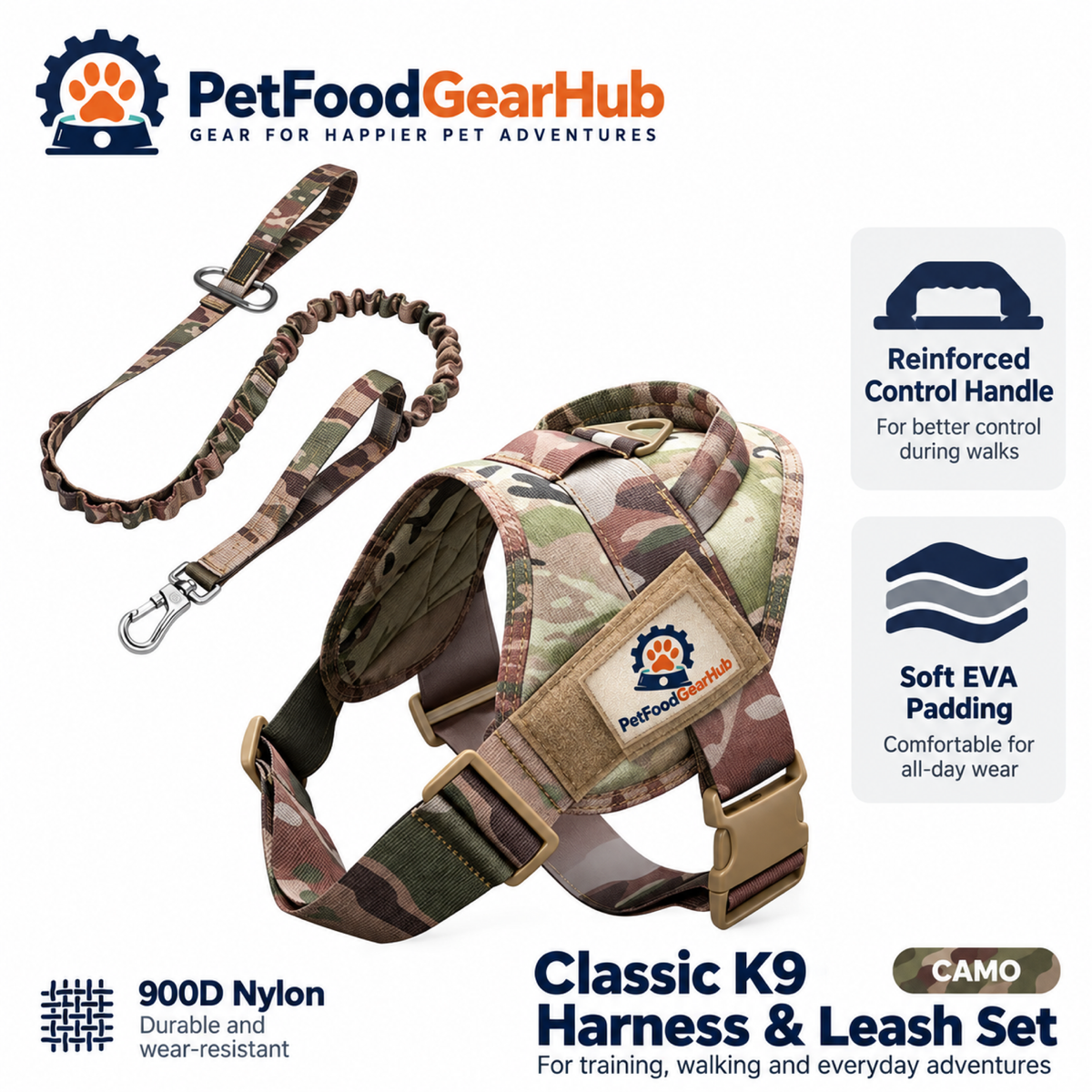 PetFoodGearHub Classic K9 Dog Harness & Leash Set in Camouflage