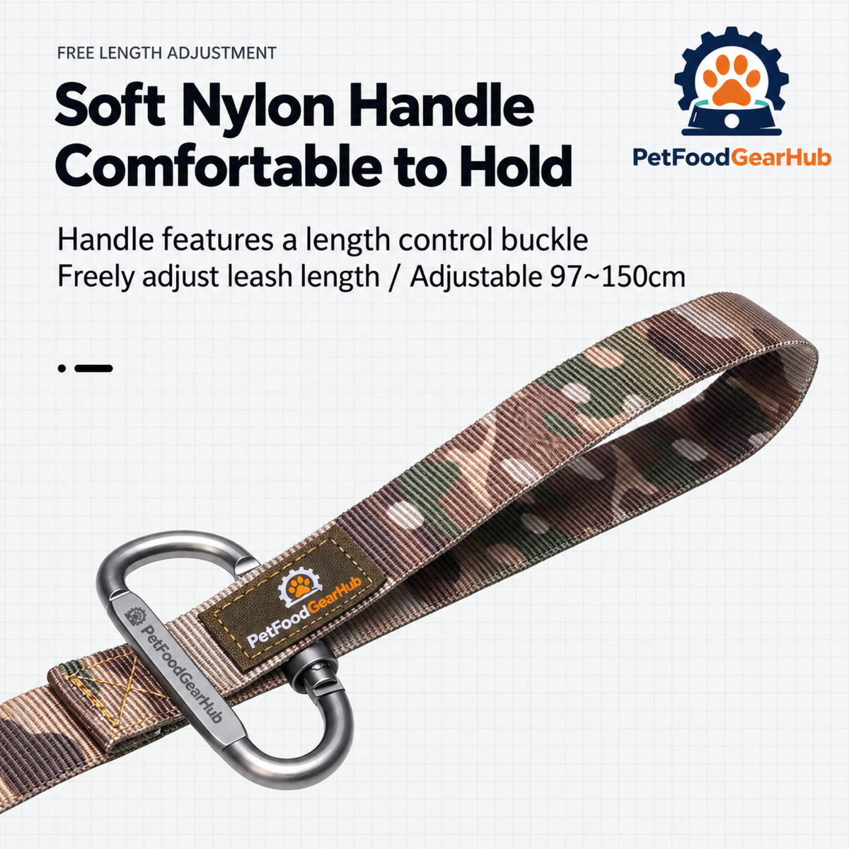PetFoodGearHub Padded leash handle and length diagram