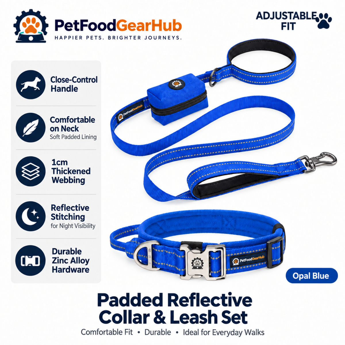 PetFoodGearHub Padded Reflective Dog Collar & Leash Set with Pouch in Opal Blue