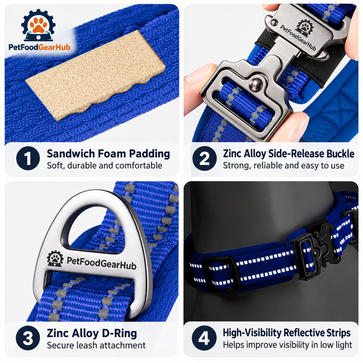 PetFoodGearHub Collar padding, metal buckle, D-ring and reflective details