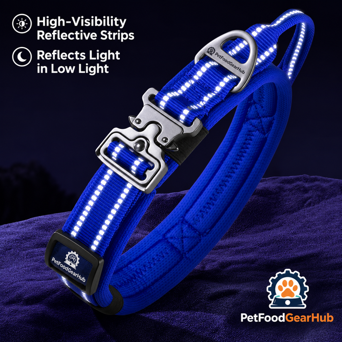 PetFoodGearHub Reflective dog collar illuminated in low light