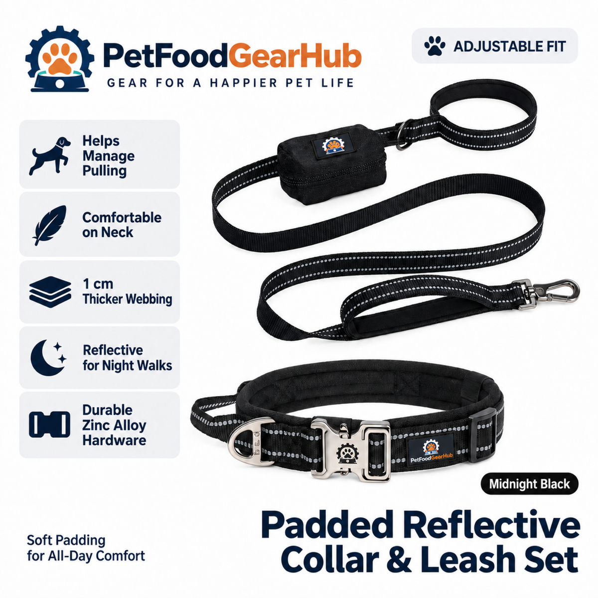 PetFoodGearHub Padded Reflective Dog Collar & Leash Set with Pouch in Midnight Black