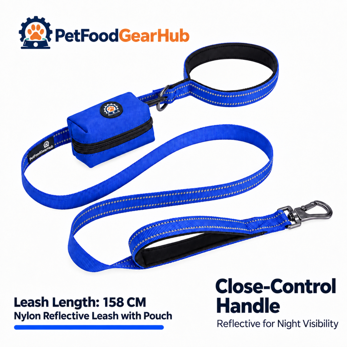 PetFoodGearHub Dog leash with detachable pouch and length diagram