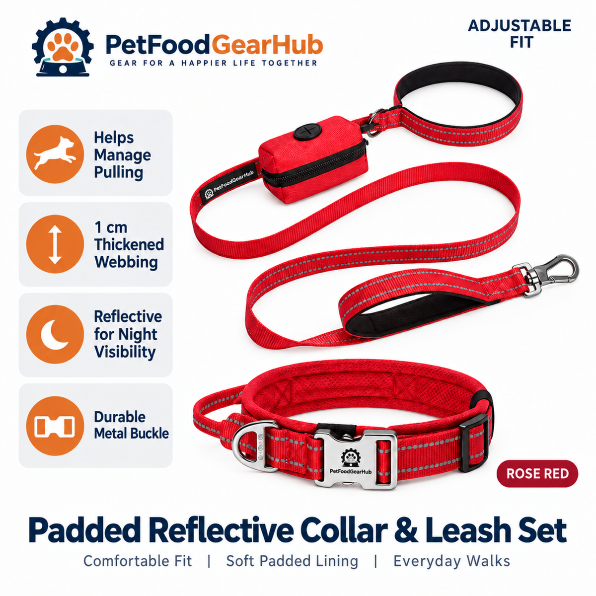 PetFoodGearHub Padded Reflective Dog Collar & Leash Set with Pouch in Rose Red