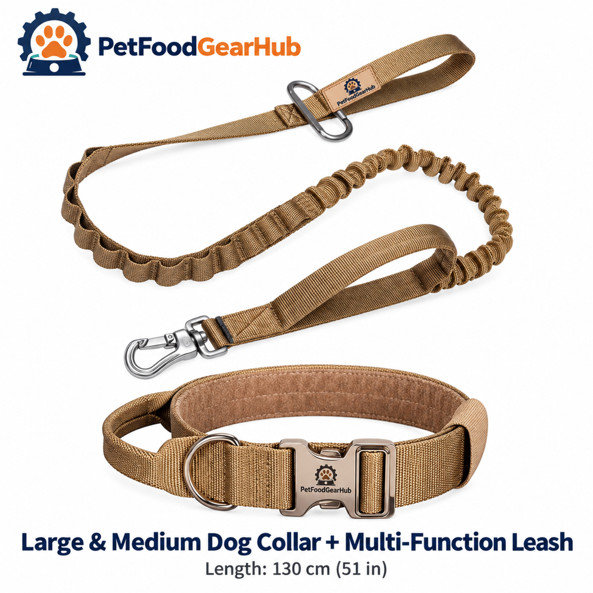 PetFoodGearHub Metal-Buckle Dog Collar & Bungee Leash Set in Brown