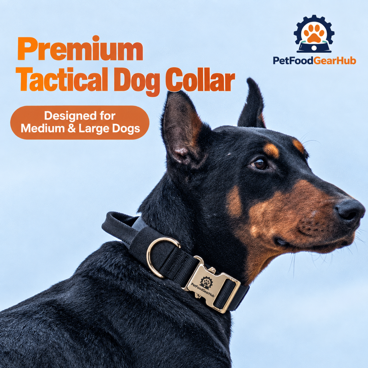 PetFoodGearHub Doberman wearing a metal-buckle collar