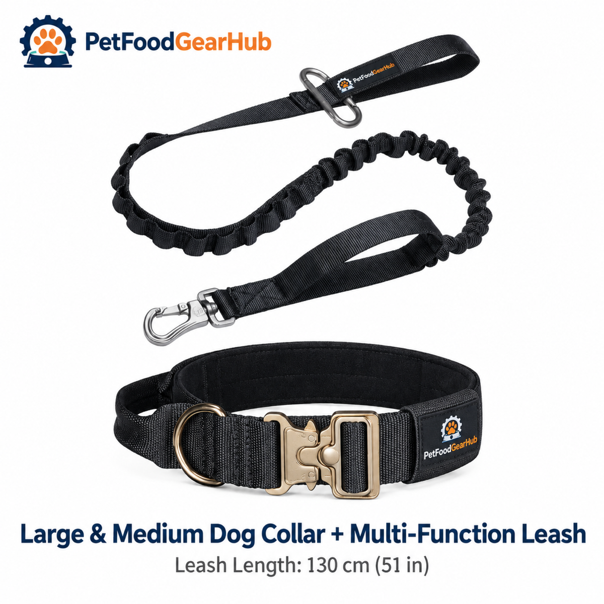 PetFoodGearHub Metal-Buckle Dog Collar & Bungee Leash Set in Black