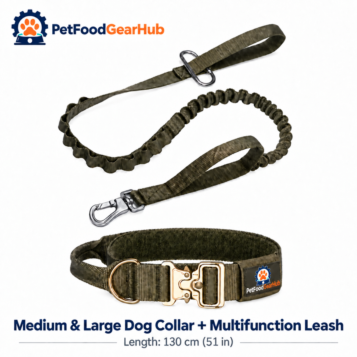 PetFoodGearHub Metal-Buckle Dog Collar & Bungee Leash Set in Olive Green