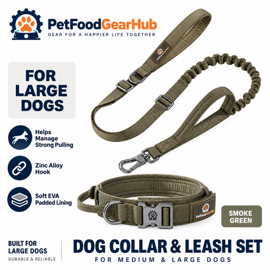 PetFoodGearHub Tactical Dog Collar & Bungee Leash Set in Olive Green