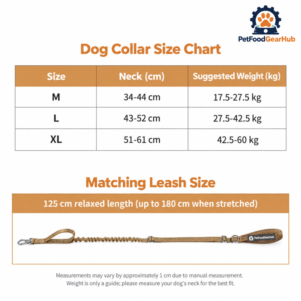 PetFoodGearHub Tactical collar size chart and bungee leash dimensions