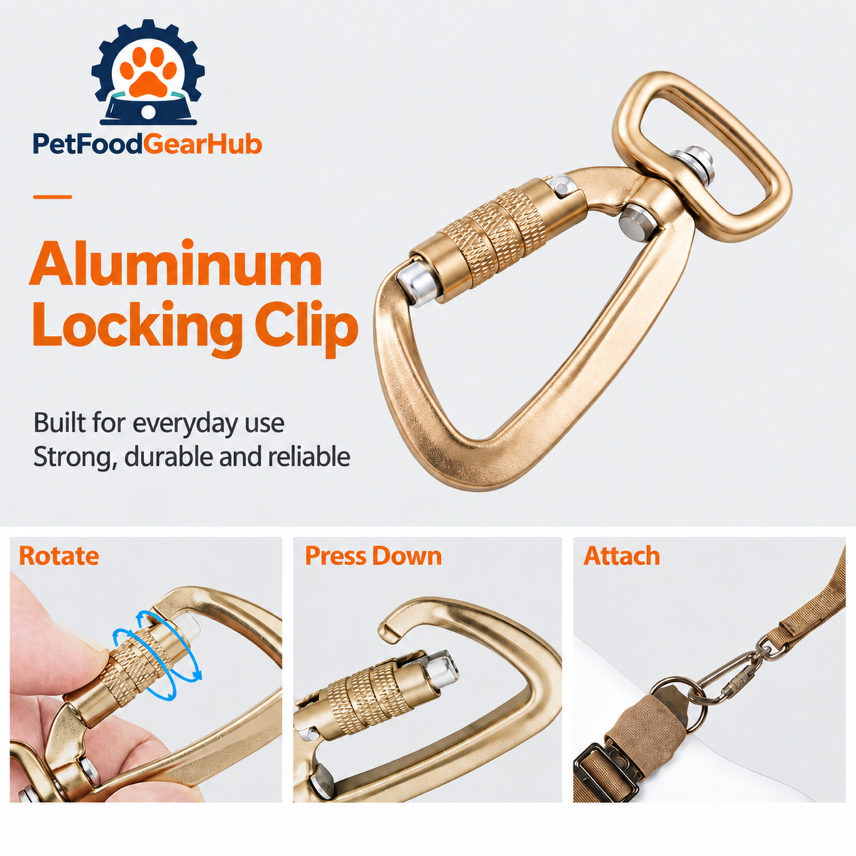 PetFoodGearHub Locking leash clip and fastening steps