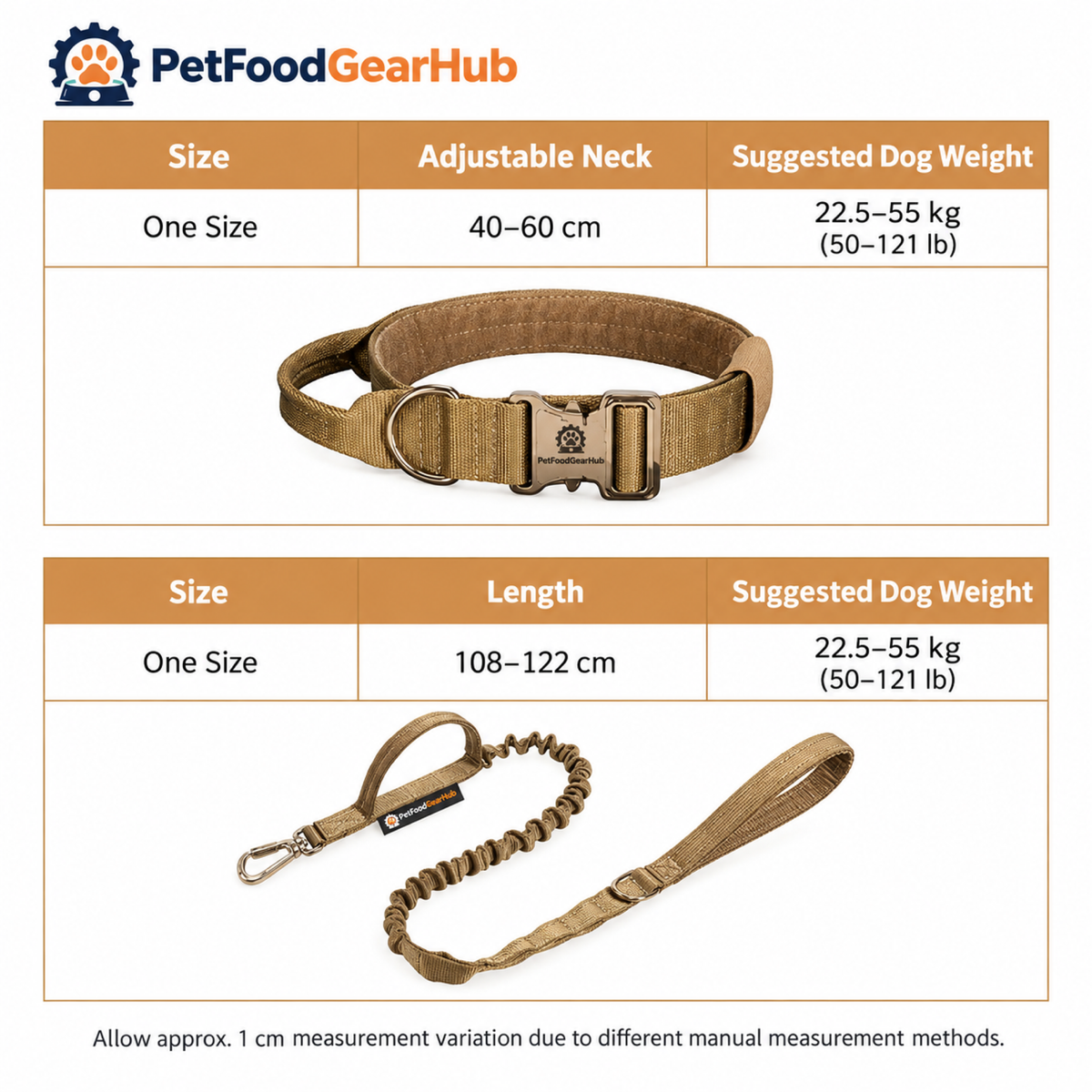 PetFoodGearHub Adjustable collar and leash size charts