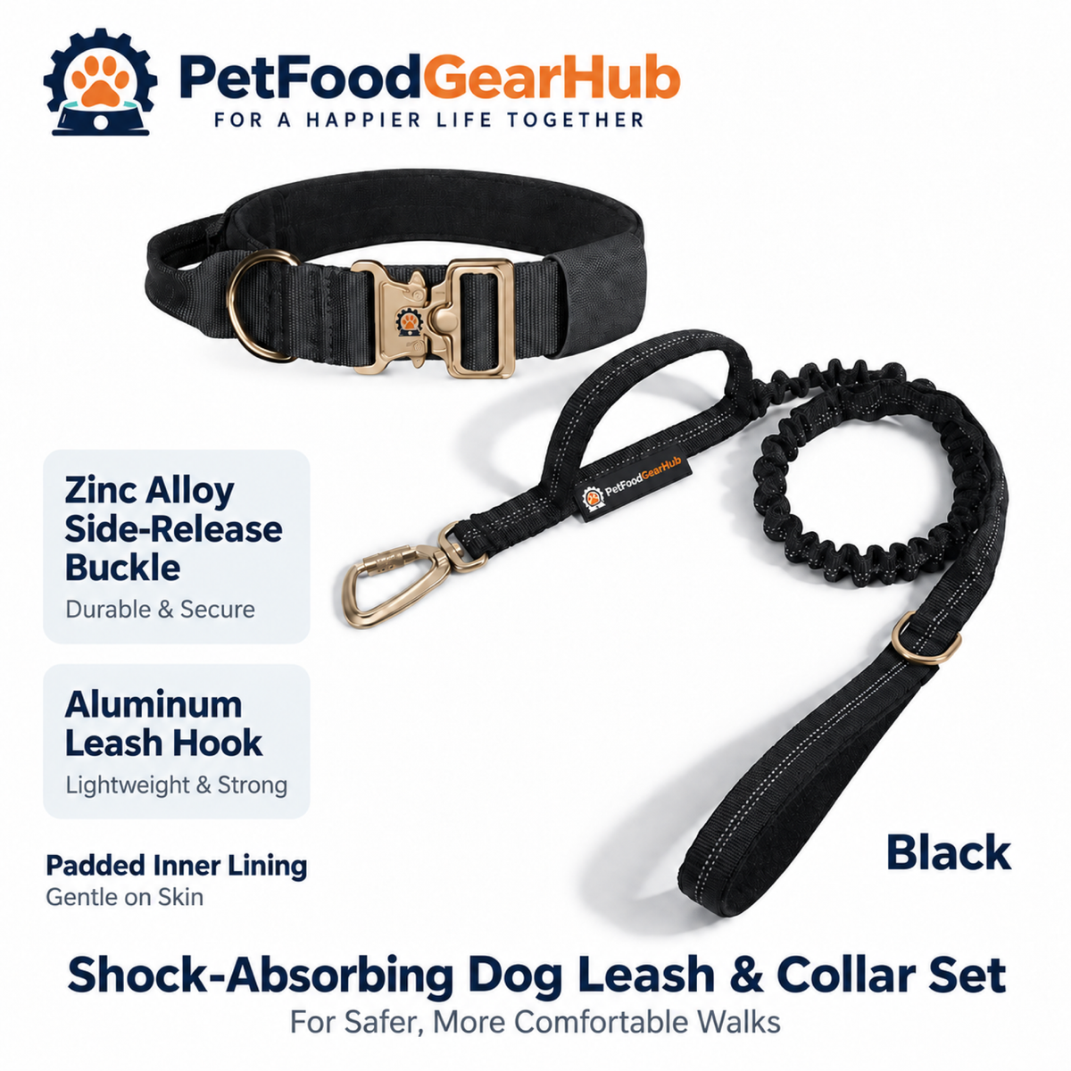 PetFoodGearHub Reflective Dog Collar & Locking-Clip Leash Set in Black