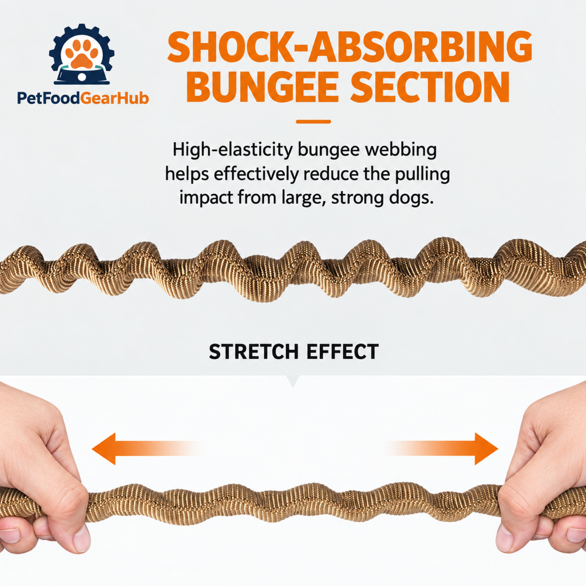 PetFoodGearHub Elastic bungee leash section, relaxed and stretched