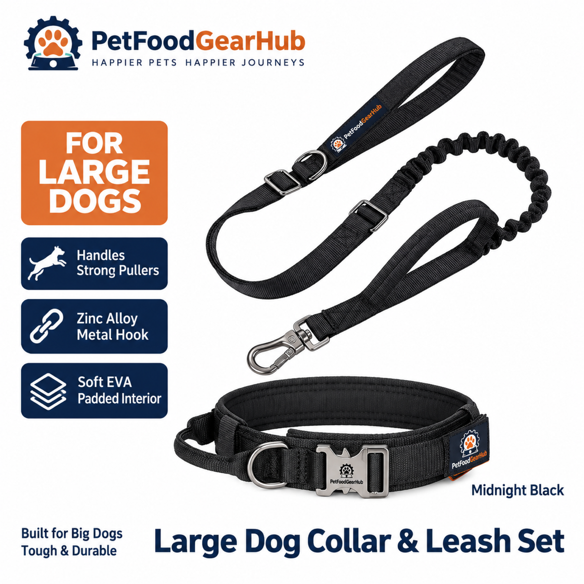 PetFoodGearHub Tactical Dog Collar & Bungee Leash Set in Black