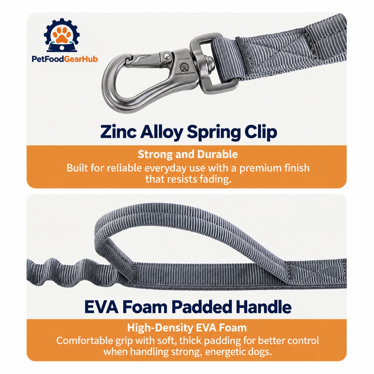 PetFoodGearHub Metal leash clip and EVA-padded hand loop