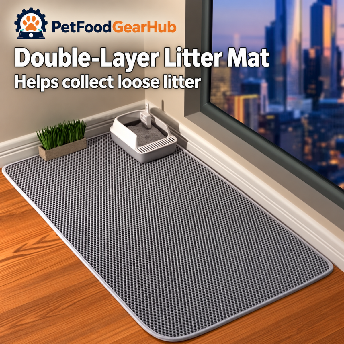 PetFoodGearHub double-layer gray litter mat beside a litter box in a room