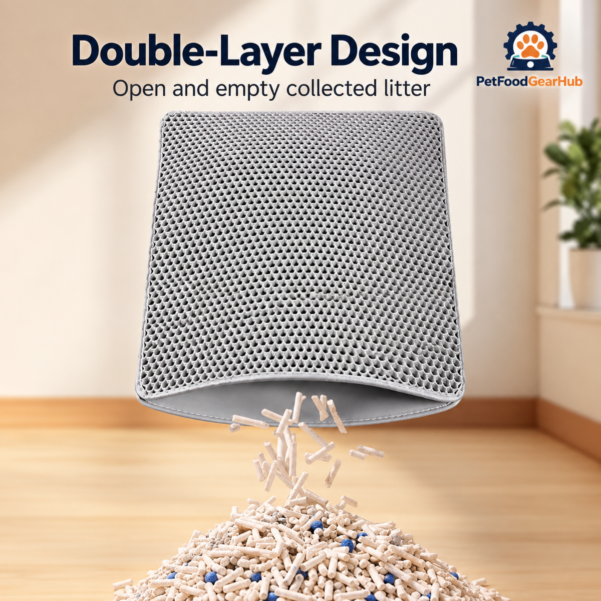 PetFoodGearHub double-layer litter mat opening to release collected litter