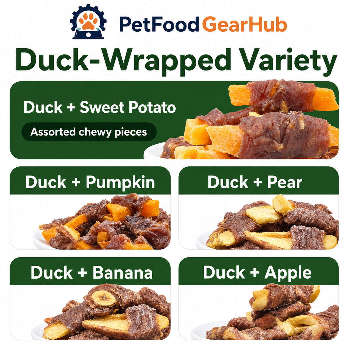 Duck-wrapped dog treats with assorted fruit and vegetable centers